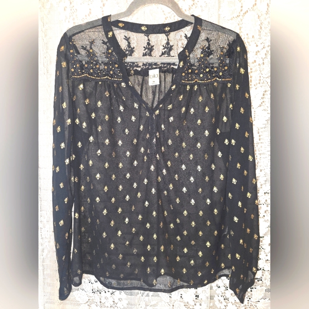 Bila, Black Sheer Blouse with Gold Accents, Longsleeve, Flowy, Women M